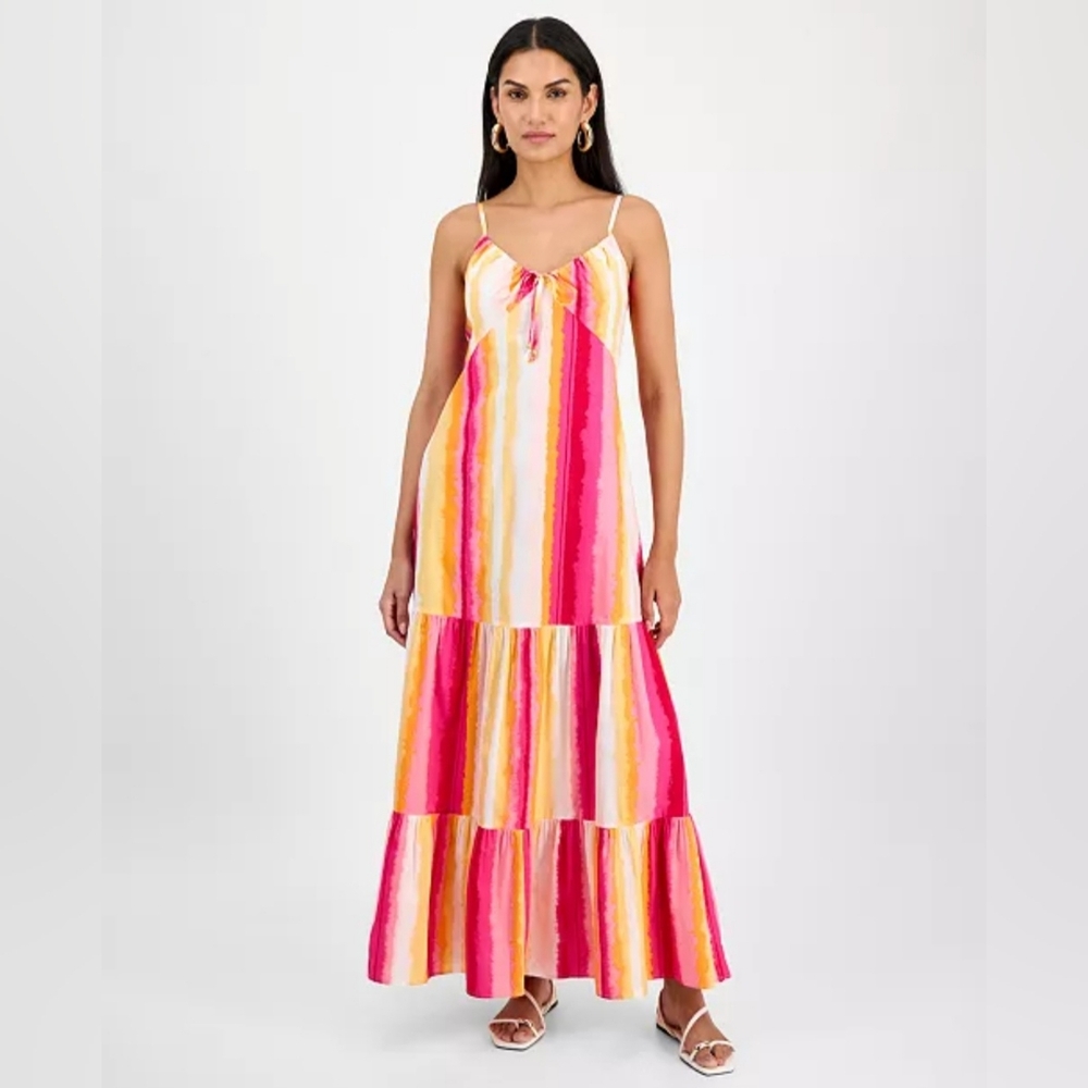 I.N.C. Layla Cotton Tiered Maxi Dress Pink Stripe XS NWT